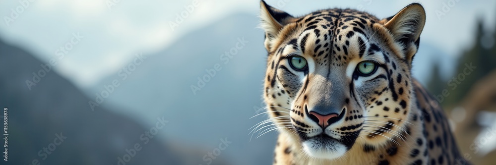 Fototapeta premium Majestic Leopard Stares with Piercing Green Eyes Against a Serene Mountain Backdrop A Portrait of Wild Beauty