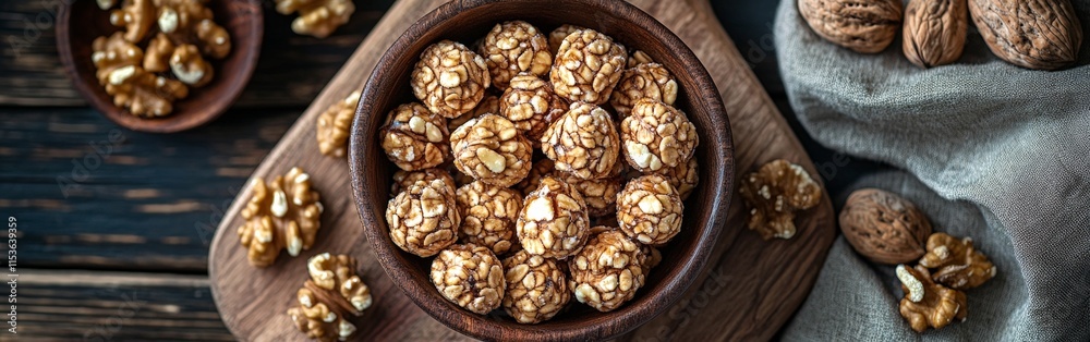 Rustic Nut Candy Display with Walnuts and Dried Fruits Rustic Nut Candy Display with Walnuts and Dried Fruits