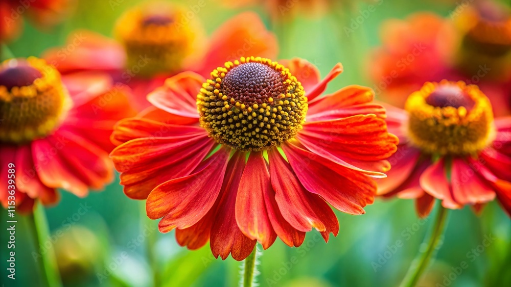 Vibrant Red Helenium Moerheim Beauty Flower Closeup - Green Background Stock Photo Vibrant Red Helenium Moerheim Beauty Flower Closeup - Green Background Stock Photo