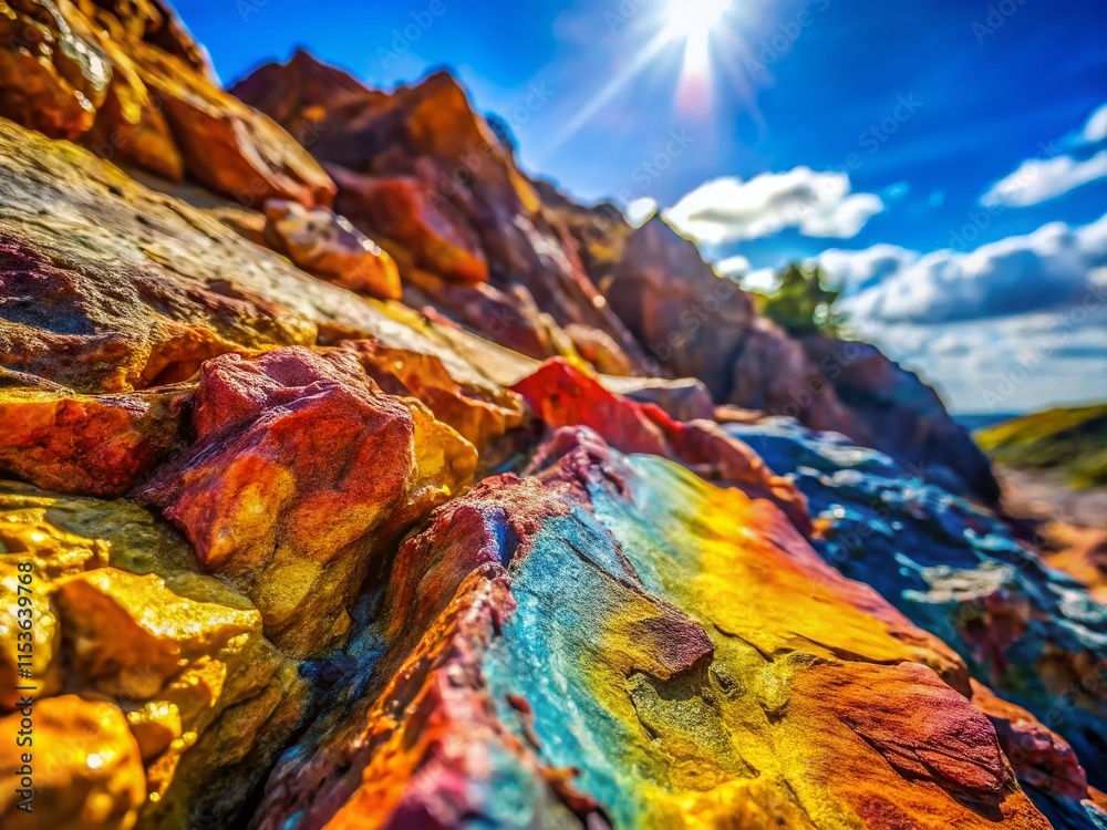 Obraz premium Vibrant Rock Surface Close-Up: Colorful Texture in Sunlight