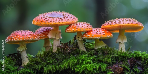 Fly agaric, amanita muscaria mushrooms thrive in forest moss, showcasing their vibrant colors. These inedible toadstools create a unique sight in the forest environment.