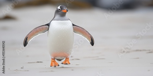 Gentoo penguin walking gracefully on a sandy beach with wings raised. This captivating image of a Gentoo penguin showcases its charm as it navigates the shoreline in search of adventure.