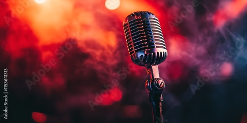 The concept of media presentations showcases a retro microphone set against a backdrop, perfect for concert showcases and music album cover designs, highlighting the essence of media presentations.
