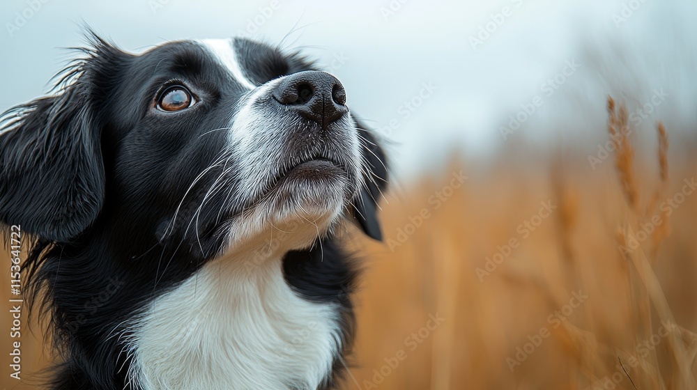 Close-up of a black and white dog in tall grass