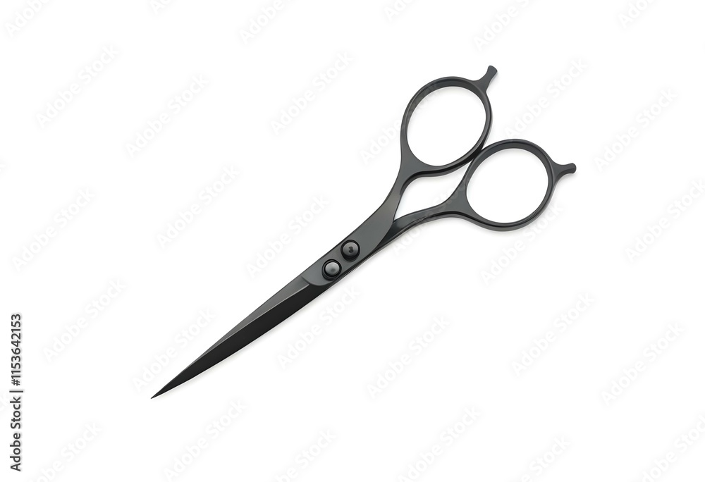 A pair of black metal scissors with sharp blades and a curved handle design A pair of black metal scissors with sharp blades and a curved handle design
