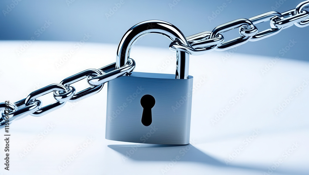close up of metallic padlock secured with chain, symbolizing security, protection, and restricted access, with futuristic and sleek design close up of metallic padlock secured with chain, symbolizing security, protection, and restricted access, with futuristic and sleek design