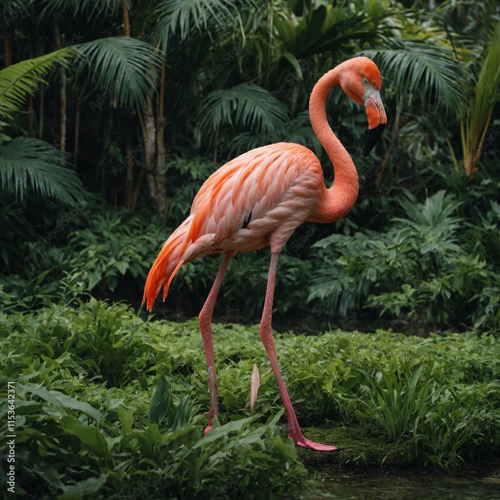 A flamingo standing on one leg surrounded by lush greenery. A flamingo standing on one leg surrounded by lush greenery.