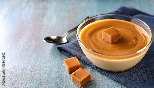 Homemade butterscotch pudding in glass cream bowl on the table. National Butterscotch Pudding Day, National Caramel Day