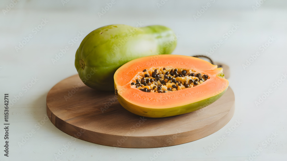 A photo of a whole papaya with a green skin and a ripe orange flesh. A photo of a whole papaya with a green skin and a ripe orange flesh.