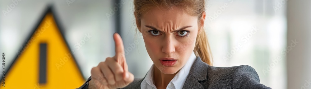 Alert Businesswoman Expressing Disapproval with Warning Sign Background Alert Businesswoman Expressing Disapproval with Warning Sign Background