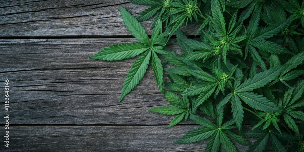 Green cannabis leaves arranged on a wooden surface highlight the unique characteristics of growing cannabis. This concept emphasizes the use of cannabis in herbal alternative medicine. Green cannabis leaves arranged on a wooden surface highlight the unique characteristics of growing cannabis. This concept emphasizes the use of cannabis in herbal alternative medicine.