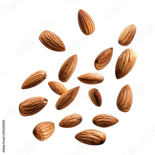 Wallpaper Mural Almonds in Flight: A captivating image of roasted almonds suspended in mid-air, showcasing their rich, nutty texture and inviting aroma. Perfect for food blogs, packaging, and culinary projects.  Torontodigital.ca