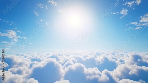 A wide shot of the sky with fluffy white clouds and a bright sun shining above, creating an ethereal atmosphere.  photo