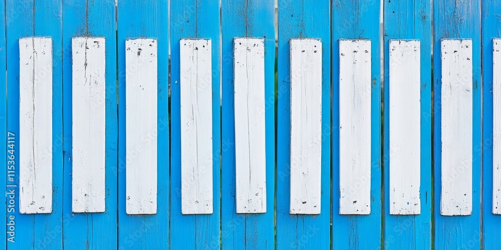 A horizontal view of a white wooden fence featuring blue paint and adorned with white rectangles, making it an excellent choice for wallpaper or background. Ideal for creative projects focusing on