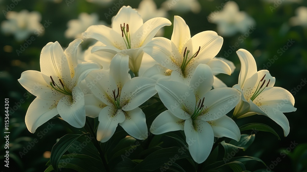 Obraz premium Close-up of a cluster of pristine white lilies illuminated by soft sunlight.
