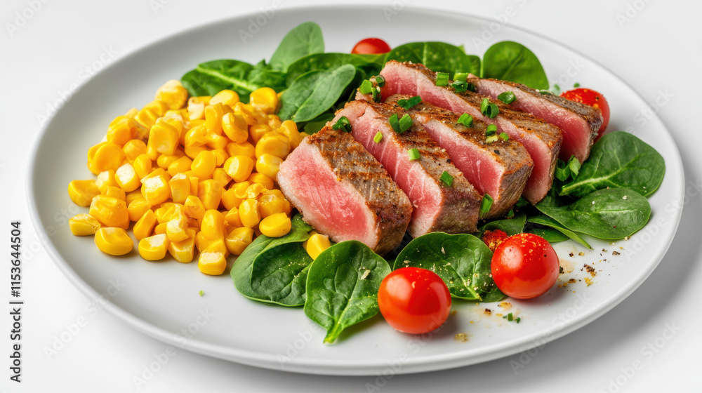 A dish featuring seared tuna steak with vibrant yellow corn kernels, deep green spinach leaves, and ruby-red cherry tomatoes, plated elegantly on a white plate. The pure white background creates a str A dish featuring seared tuna steak with vibrant yellow corn kernels, deep green spinach leaves, and ruby-red cherry tomatoes, plated elegantly on a white plate. The pure white background creates a str