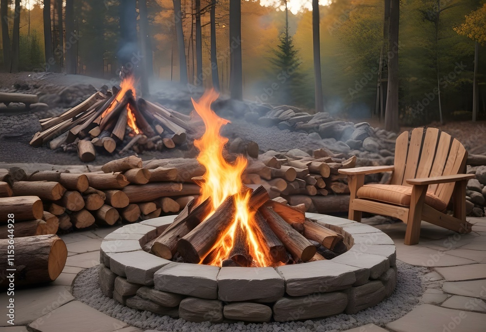 A rustic stone fire pit with a roaring fire inside, surrounded by logs and flames A rustic stone fire pit with a roaring fire inside, surrounded by logs and flames