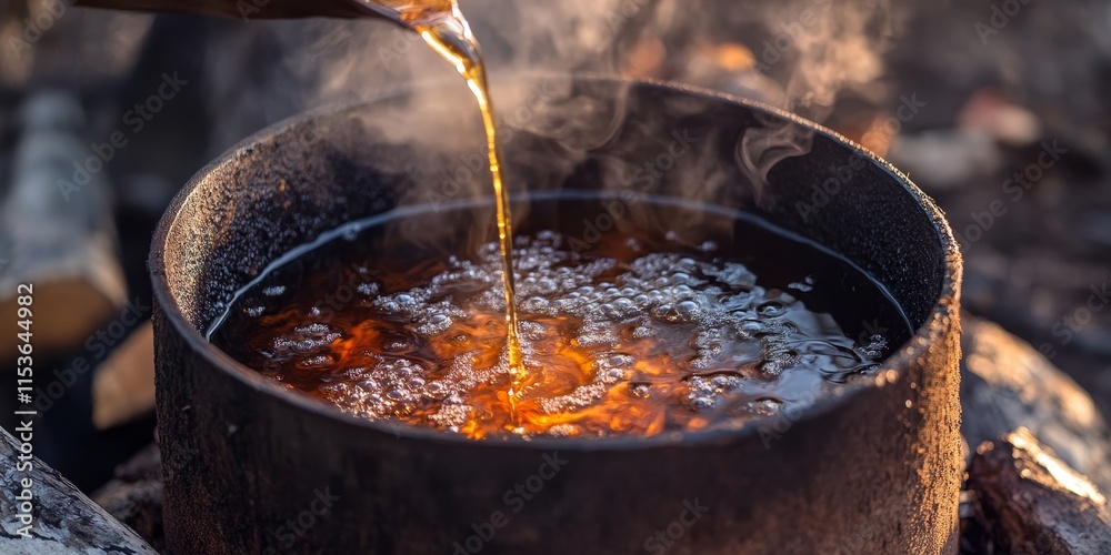 Traditional method of producing maple syrup by boiling sap in a cauldron, highlighting the authentic process of making maple syrup and the rich flavors it delivers.
