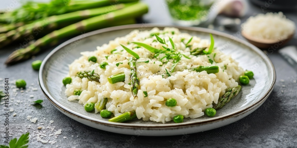 Delicious rice with wild asparagus presented on a plate, complemented by fresh asparagus and savory parmesan, creates a delightful table setting perfect for any occasion.