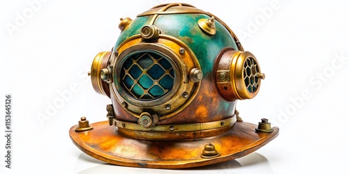 Vintage Diving Helmet, Antique Scuba Gear, Retro Metal Helmet, Underwater Equipment, Old Diving Helmet, Isolated on White photo