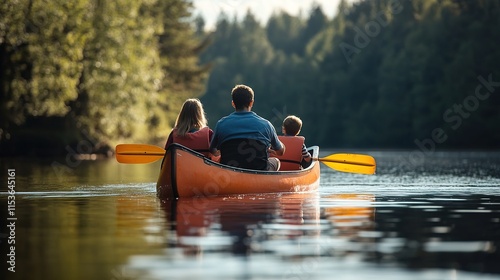 A family canoeing on a peaceful lake during their camping trip.