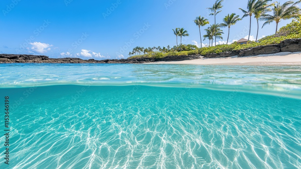 Naklejka premium Tropical beach with palm trees and crystal-clear water, half underwater view.