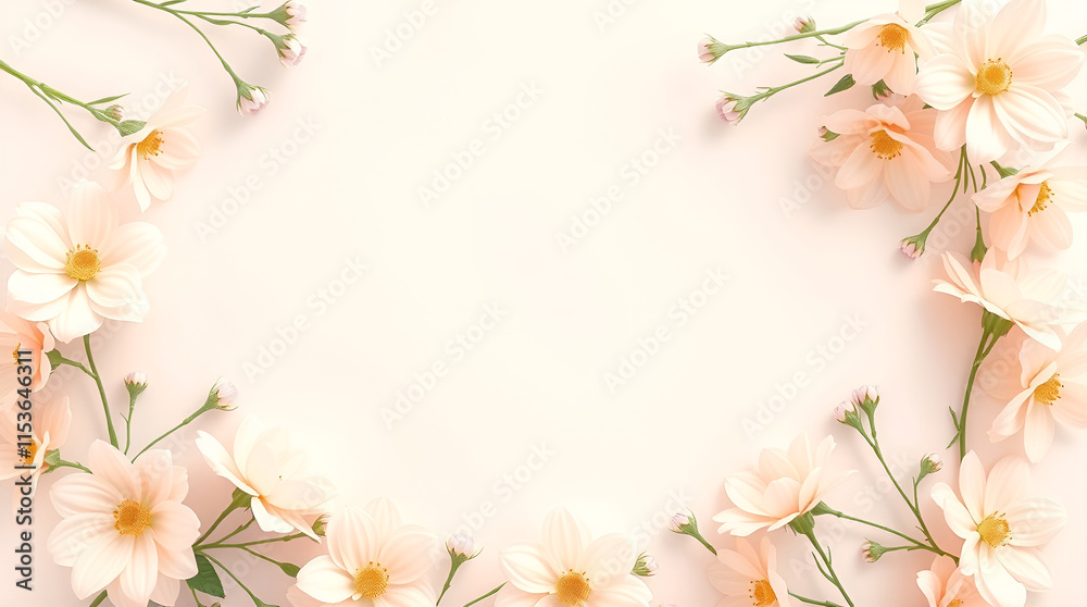 Gentle and soothing overhead shot in soft pastel tones. The image is framed by a flower border leaving significant copy space. Top-down perspective. Gentle and soothing overhead shot in soft pastel tones. The image is framed by a flower border leaving significant copy space. Top-down perspective.