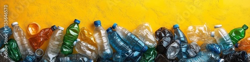 A pile of plastic bottles on a yellow background, banner