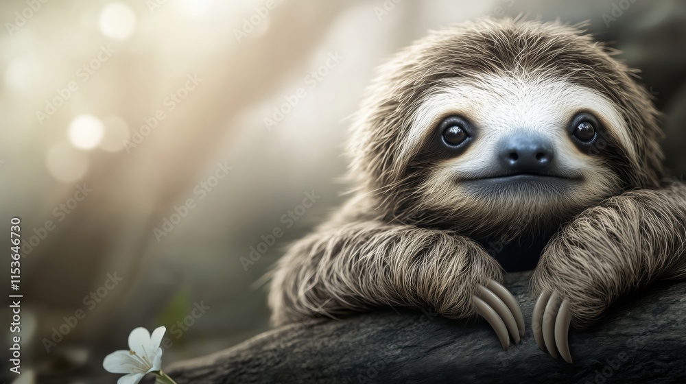 Fototapeta premium Dreamy portrait of baby sloth with white flower in magical forest setting. Gentle expression and soft lighting create enchanting wildlife moment with bokeh effects. 8k