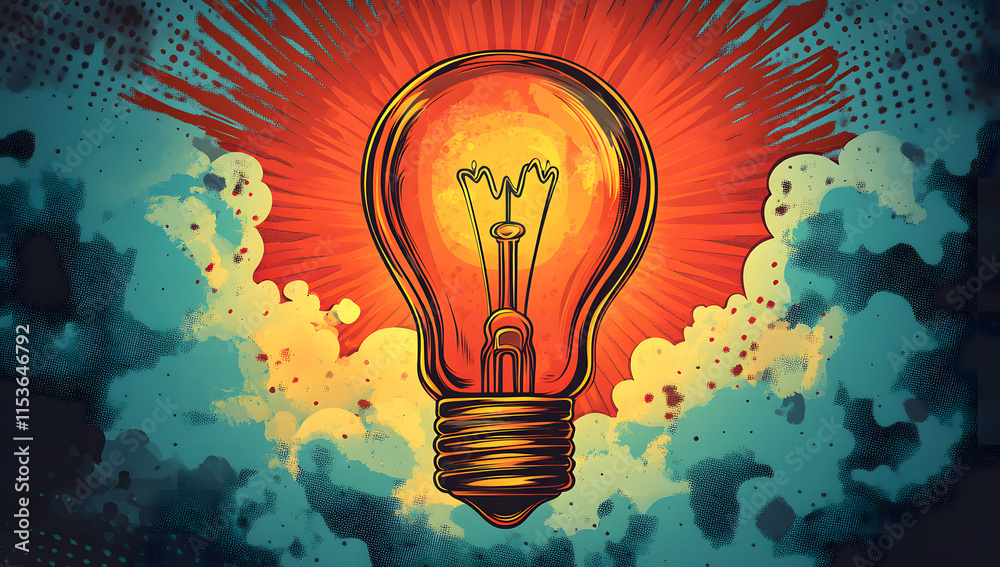 Pop Art Style Lightbulb with Creative Burst of Color and Comic Book Effect Pop Art Style Lightbulb with Creative Burst of Color and Comic Book Effect
