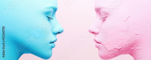 Artistic profile portraits in blue and pink duotone. Two faces in minimalist surreal style facing each other against pastel background, contemporary gender identity concept. 8k banner