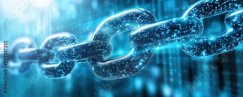 Digital blockchain visualization with glowing blue connected links forming a chain. Abstract technology concept showing cryptocurrency or secure data transfer network. 8k banner