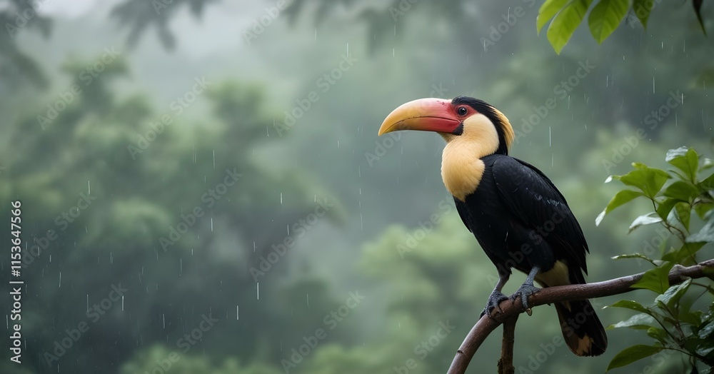 Obraz premium An exotic hornbill with a large beak perched in the rain , with a blurred green foliage background