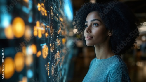 Young Black woman in blue sweater looking at futuristic digital interface. Professional examining holographic display with tech data visualization and glowing elements. 8k