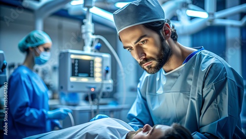 Anestesiologista preparando paciente para cirurgia na moderna sala de cirurgia do hospital.