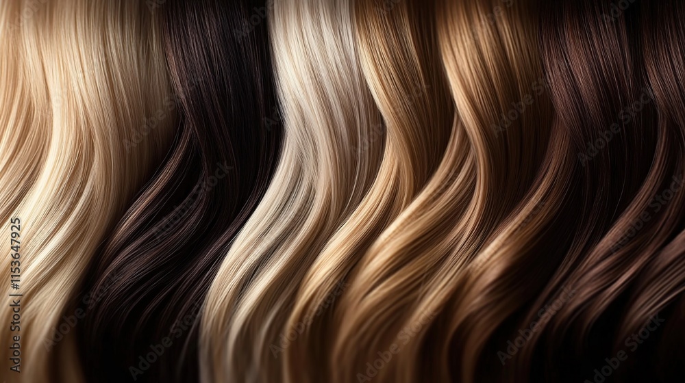 Generate an image of different hair colors, blonde and brown, in a row, close-up. Generate an image of different hair colors, blonde and brown, in a row, close-up.