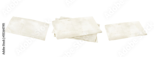 Stack of postcards from old vintage paper, with traces of printing and vintage cards in a set. Watercolor digital illustration. Greeting cards in beige colors, isolated on white background.