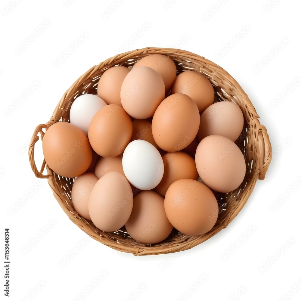 A wicker basket filled with various brown chicken eggs A wicker basket filled with various brown chicken eggs