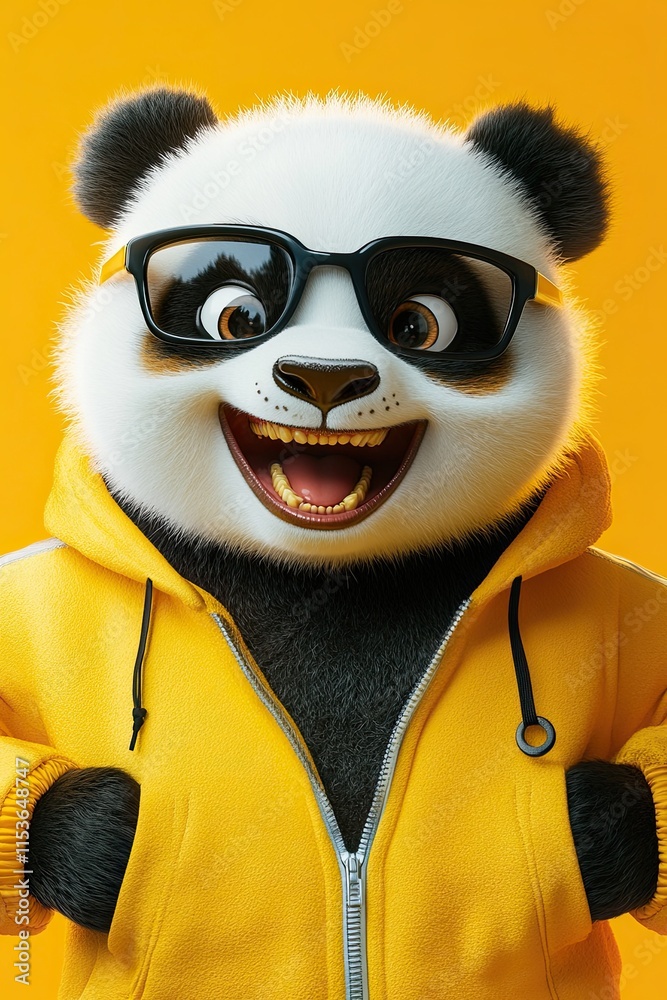 Fototapeta premium panda. in a tracksuit. on a solid monochromatic background. in black glasses. bright colors. bokeh wide smile. intense joy. open mouth.