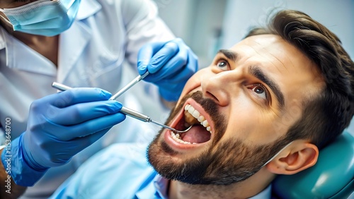 Dentista masculino examinando os dentes de um paciente em clínica odontológica moderna.