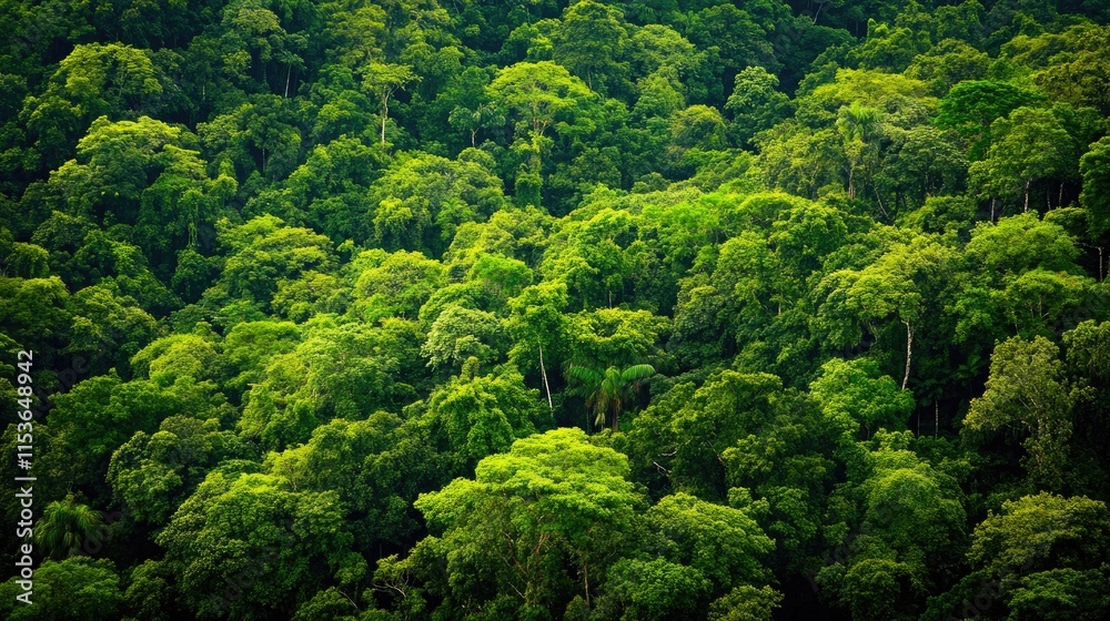 Naklejka premium Aerial perspective capturing a lush tropical rainforest filled with vibrant green trees. The stunning green forest backdrop offers ample copy space for creative projects.