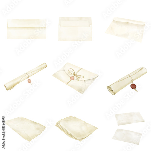 Stack of old vintage paper postcards, wax seal scrolls and sealed envelopes in set. Watercolor digital illustration. Greeting cards and parchment sheets in beige colors, isolated on white background.