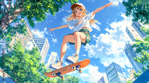 A laid-back, stylish anime girl effortlessly skateboarding through a vibrant urban park on a sunny day, surrounded by greenery and city buildings