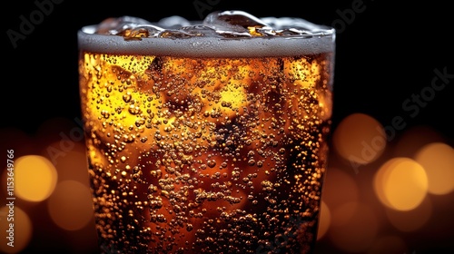 Close-up of a glass of fizzy drink with ice.
