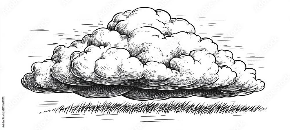 Fototapeta premium Line Art Drawing Of Cumulus Cloud On White Background, Detailed Cartoon Illustration For Coloring