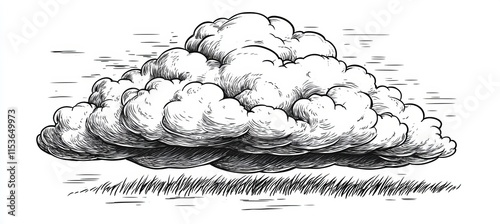 Line Art Drawing Of Cumulus Cloud On White Background, Detailed Cartoon Illustration For Coloring