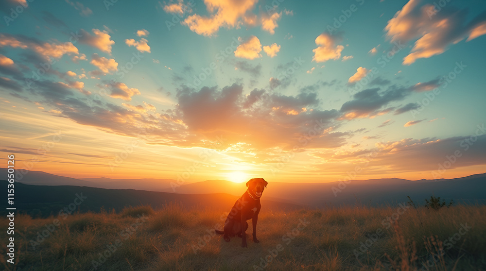 High-resolution stock photo A majestic, golden-hour scene featuring a lone, joyful dog. Soft pastel colors, epic scale, lens flare, professional quality High-resolution stock photo A majestic, golden-hour scene featuring a lone, joyful dog. Soft pastel colors, epic scale, lens flare, professional quality