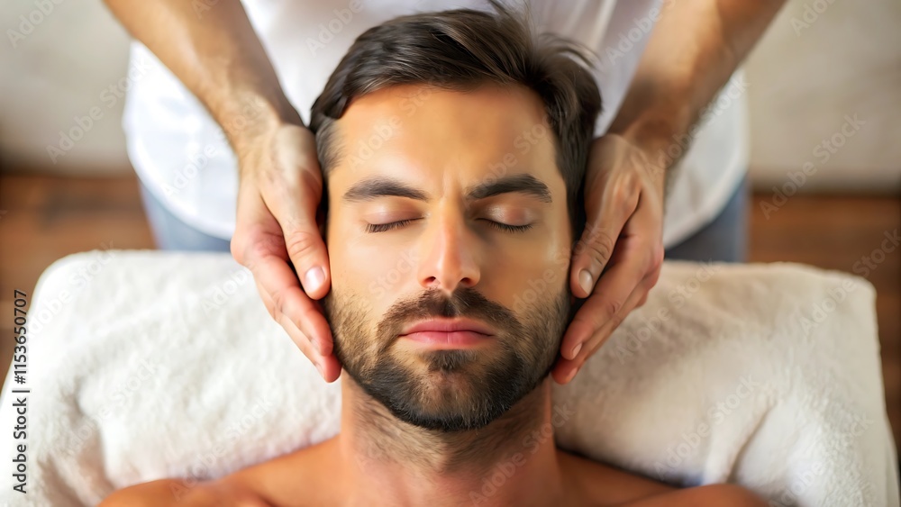 Massagista profissional masculino oferecendo massagem profunda na cabeça ao cliente em ambiente de spa Massagista profissional masculino oferecendo massagem profunda na cabeça ao cliente em ambiente de spa