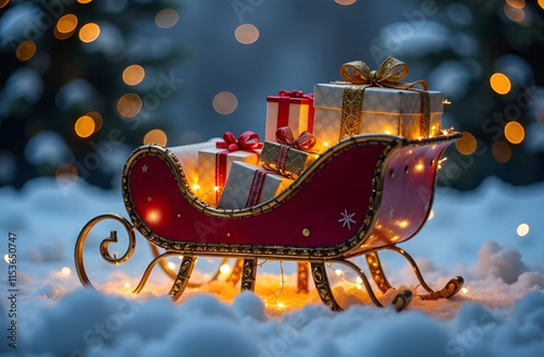 A beautifully styled red sleigh filled with elegant presents, illuminated by warm lights against a snowy, festive backdrop. Perfect for greeting cards or holiday catalogs. Selective focus photo