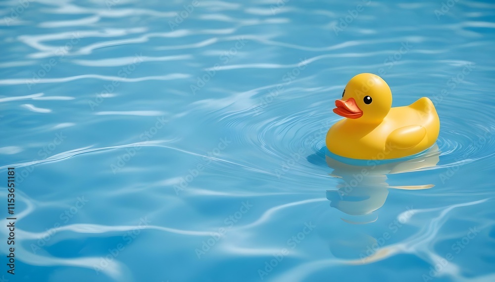 A yellow rubber duck floating in a blue swimming pool with rippling water A yellow rubber duck floating in a blue swimming pool with rippling water